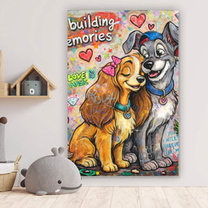 Acrylglasbild Liebevolles Hundepaar Graffiti mit Spruch Hochformat