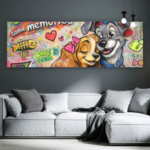 Spannrahmenbild Liebevolles Hundepaar Graffiti mit Spruch Panorama