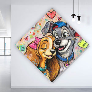 Aluminiumbild gebürstet Liebevolles Hundepaar Graffiti mit Spruch Raute