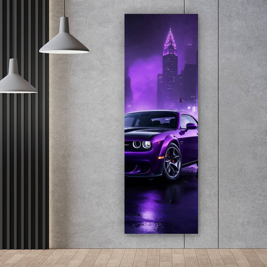 Acrylglasbild Lila Sportwagen in neonbeleuchteter Stadt bei Nacht Panorama Hoch