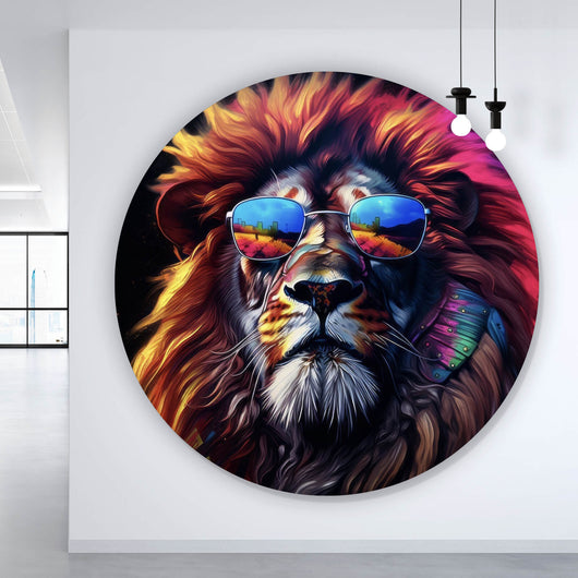 Aluminiumbild Löwe mit Sonnenbrille und bunte Mähne Kreis