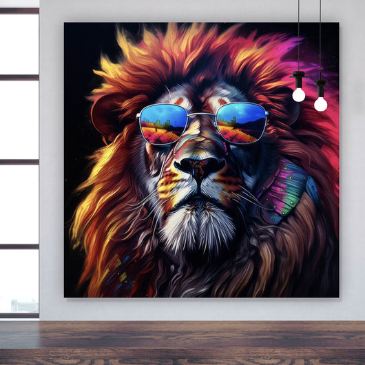 Poster Löwe mit Sonnenbrille und bunte Mähne Quadrat