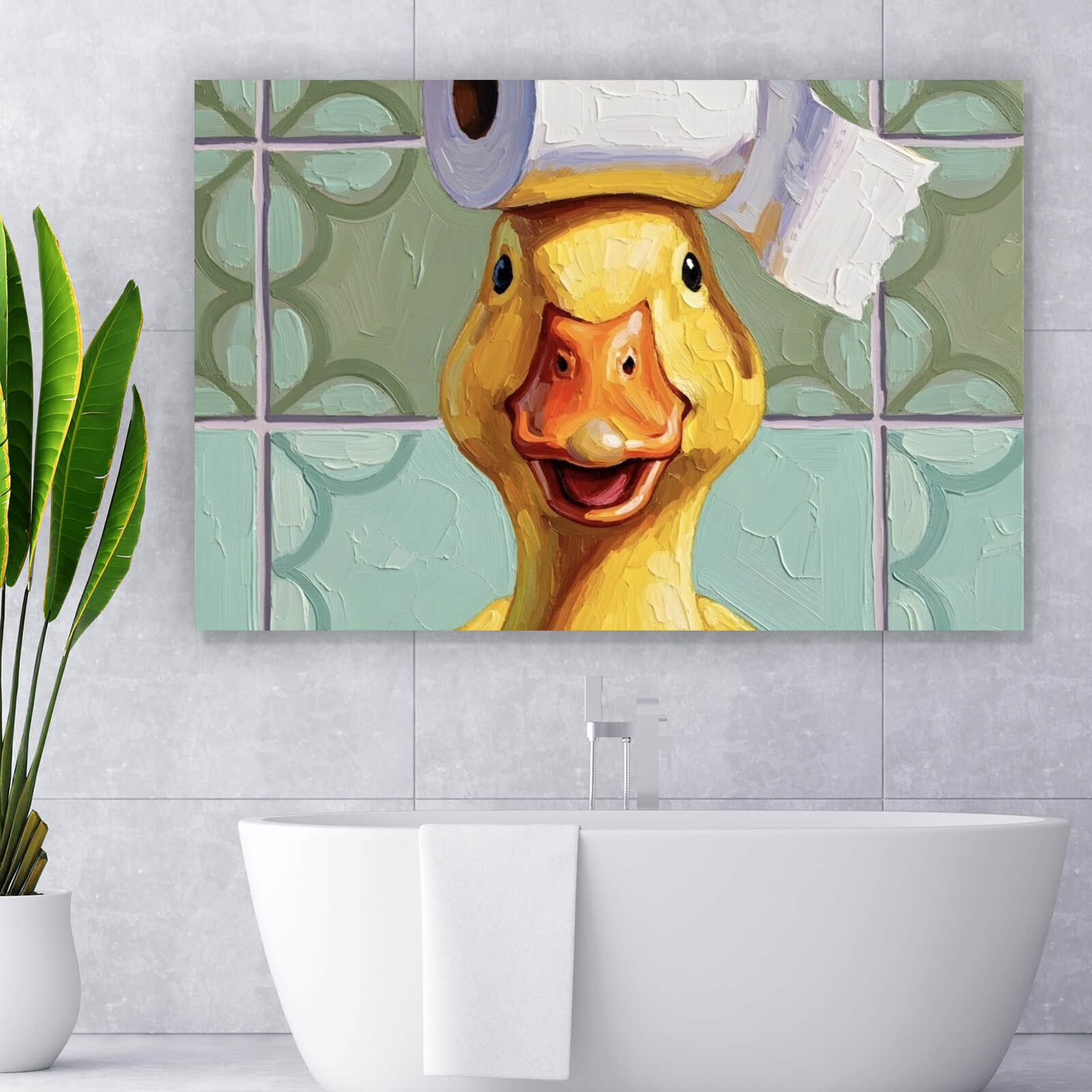 Spannrahmenbild Lustige Ente im Badezimmer Querformat