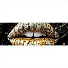 Lade das Bild in den Galerie-Viewer, Aluminiumbild gebürstet Luxuriöse Geldlippen mit goldenen Akzenten Panorama
