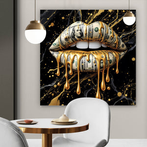 Acrylglasbild Luxuriöse Geldlippen mit goldenen Akzenten Quadrat