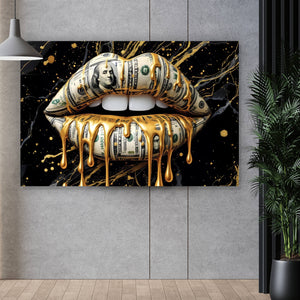 Acrylglasbild Luxuriöse Geldlippen mit goldenen Akzenten Querformat