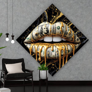 Acrylglasbild Luxuriöse Geldlippen mit goldenen Akzenten Raute