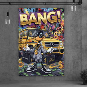 Leinwandbild Luxus Ente mit Auto und Geld Hochformat