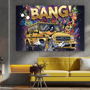 Spannrahmenbild Luxus Ente mit Auto und Geld Querformat