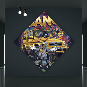 Aluminiumbild gebürstet Luxus Ente mit Auto und Geld Raute