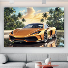 Lade das Bild in den Galerie-Viewer, Acrylglasbild Luxuswagen vor exotischer Kulisse Querformat
