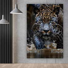 Lade das Bild in den Galerie-Viewer, Aluminiumbild gebürstet Mächtiger Jaguar im Wasser Hochformat
