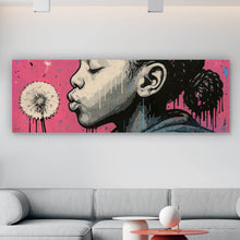 Lade das Bild in den Galerie-Viewer, Leinwandbild Mädchen mit Pusteblume mit Street Art Hintergrund Panorama
