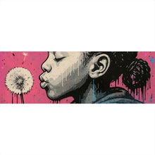 Lade das Bild in den Galerie-Viewer, Leinwandbild Mädchen mit Pusteblume mit Street Art Hintergrund Panorama
