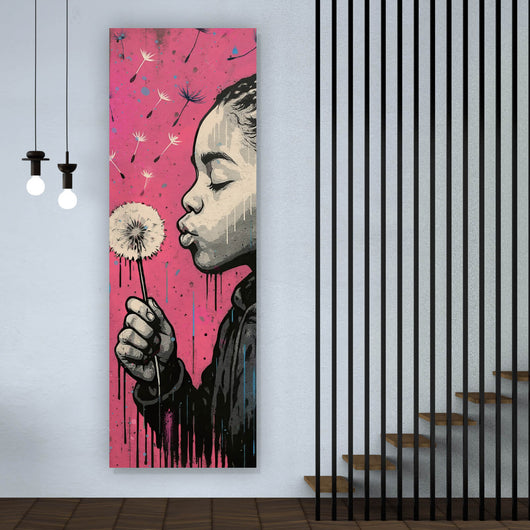 Leinwandbild Mädchen mit Pusteblume mit Street Art Hintergrund Panorama Hoch