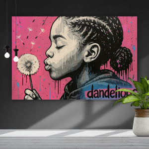 Aluminiumbild Mädchen mit Pusteblume mit Street Art Hintergrund Querformat