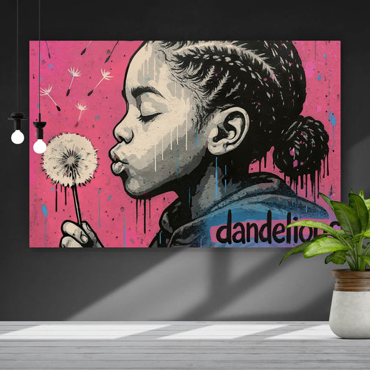 Leinwandbild Mädchen mit Pusteblume mit Street Art Hintergrund Querformat