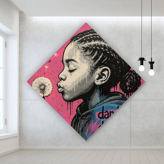 Leinwandbild Mädchen mit Pusteblume mit Street Art Hintergrund Raute