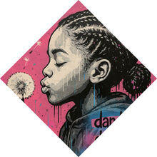 Lade das Bild in den Galerie-Viewer, Leinwandbild Mädchen mit Pusteblume mit Street Art Hintergrund Raute
