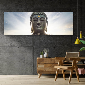 Acrylglasbild Majestätische Buddha-Statue vor strahlendem Himmel Panorama