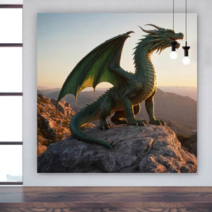 Leinwandbild Majestätischer Drache auf Felsen Quadrat