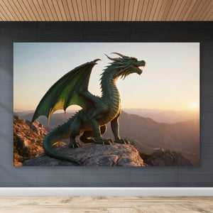 Leinwandbild Majestätischer Drache auf Felsen Querformat