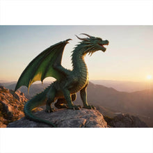 Lade das Bild in den Galerie-Viewer, Aluminiumbild Majestätischer Drache auf Felsen Querformat
