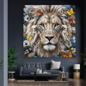 Poster Majestätischer Löwe mit floralen Details Quadrat
