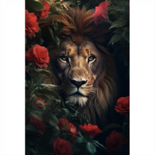 Lade das Bild in den Galerie-Viewer, Spannrahmenbild Majestätischer Löwe zwischen roten Rosen versteckt Hochformat
