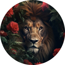 Lade das Bild in den Galerie-Viewer, Aluminiumbild gebürstet Majestätischer Löwe zwischen roten Rosen versteckt Kreis
