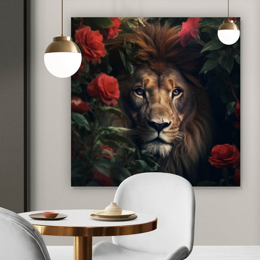 Poster Majestätischer Löwe zwischen roten Rosen versteckt Quadrat