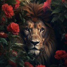 Lade das Bild in den Galerie-Viewer, Poster Majestätischer Löwe zwischen roten Rosen versteckt Quadrat
