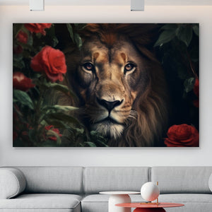 Spannrahmenbild Majestätischer Löwe zwischen roten Rosen versteckt Querformat