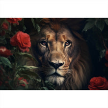 Lade das Bild in den Galerie-Viewer, Aluminiumbild Majestätischer Löwe zwischen roten Rosen versteckt Querformat
