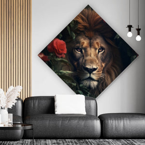 Leinwandbild Majestätischer Löwe zwischen roten Rosen versteckt Raute