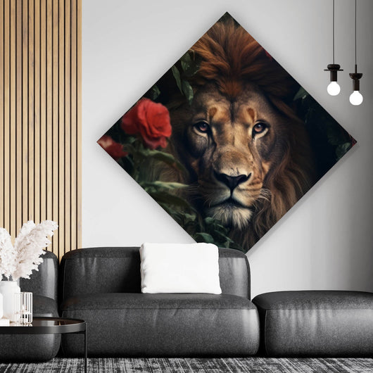 Poster Majestätischer Löwe zwischen roten Rosen versteckt Raute