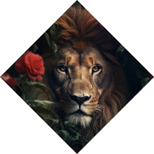 Lade das Bild in den Galerie-Viewer, Aluminiumbild gebürstet Majestätischer Löwe zwischen roten Rosen versteckt Raute
