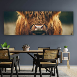 Acrylglasbild Majestätisches Hochlandrind im Naturambiente Panorama