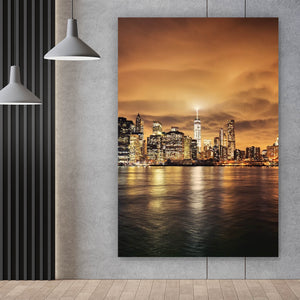 Aluminiumbild gebürstet Manhattan bei Sonnenuntergang Hochformat