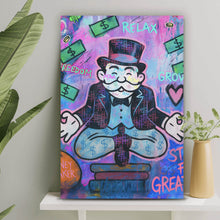 Lade das Bild in den Galerie-Viewer, Acrylglasbild Meditierende Spielfigur mit Geld und motivierenden Sprüchen Hochformat
