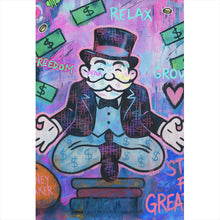 Lade das Bild in den Galerie-Viewer, Acrylglasbild Meditierende Spielfigur mit Geld und motivierenden Sprüchen Hochformat
