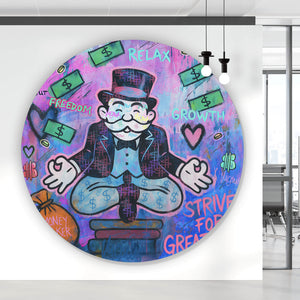 Aluminiumbild gebürstet Meditierende Spielfigur mit Geld und motivierenden Sprüchen Kreis