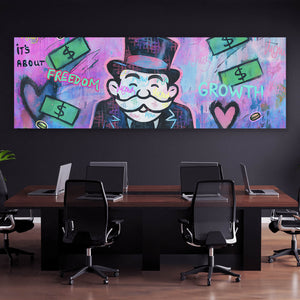 Poster Meditierende Spielfigur mit Geld und motivierenden Sprüchen Panorama