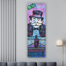 Lade das Bild in den Galerie-Viewer, Leinwandbild Meditierende Spielfigur mit Geld und motivierenden Sprüchen Panorama Hoch
