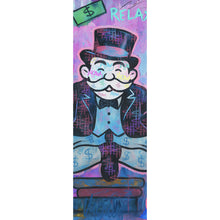 Lade das Bild in den Galerie-Viewer, Acrylglasbild Meditierende Spielfigur mit Geld und motivierenden Sprüchen Panorama Hoch
