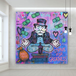 Spannrahmenbild Meditierende Spielfigur mit Geld und motivierenden Sprüchen Quadrat