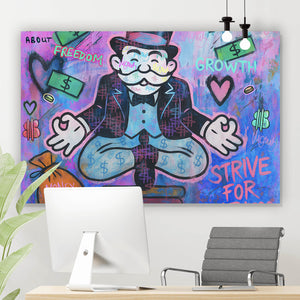 Acrylglasbild Meditierende Spielfigur mit Geld und motivierenden Sprüchen Querformat