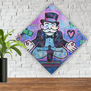 Poster Meditierende Spielfigur mit Geld und motivierenden Sprüchen Raute