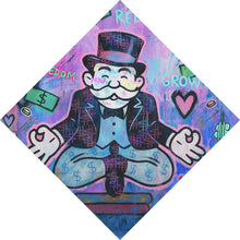 Lade das Bild in den Galerie-Viewer, Aluminiumbild gebürstet Meditierende Spielfigur mit Geld und motivierenden Sprüchen Raute
