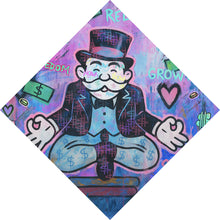 Lade das Bild in den Galerie-Viewer, Acrylglasbild Meditierende Spielfigur mit Geld und motivierenden Sprüchen Raute
